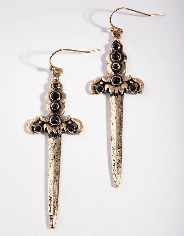 Burnished Gold Sword Drop Earrings