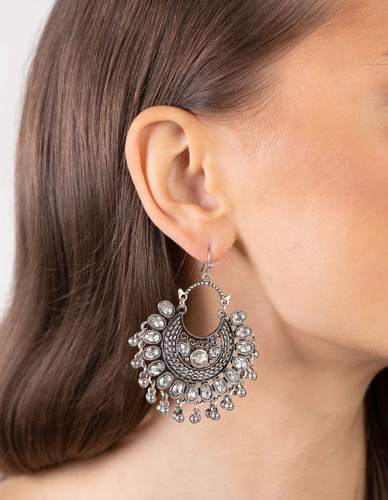 Antique Silver Diamante Drop Chandbali Earrings