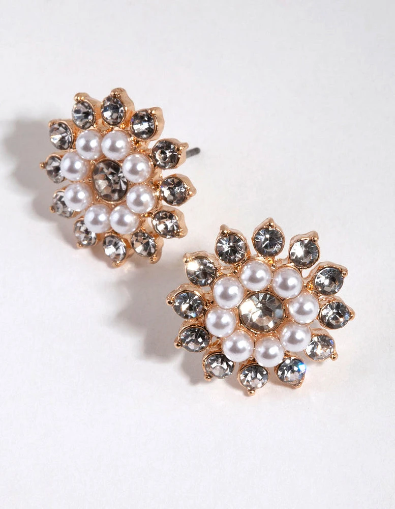 Gold Diamante & Pearl Flower Stud Earrings