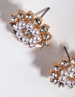 Gold Diamante & Pearl Flower Stud Earrings