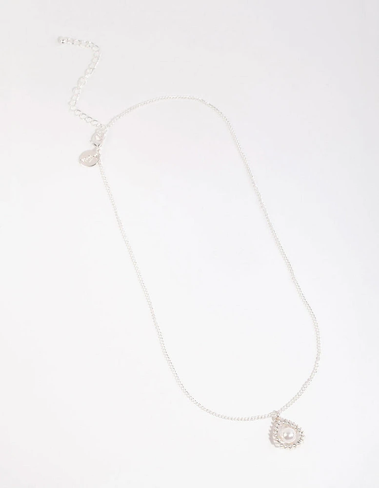 Silver Diamante Open Pear Pearl Necklace