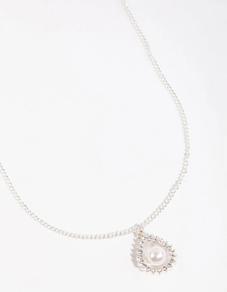 Silver Diamante Open Pear Pearl Necklace