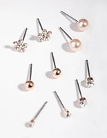 Rose Gold Diamante Flower & Pearl 8-Pack Earring