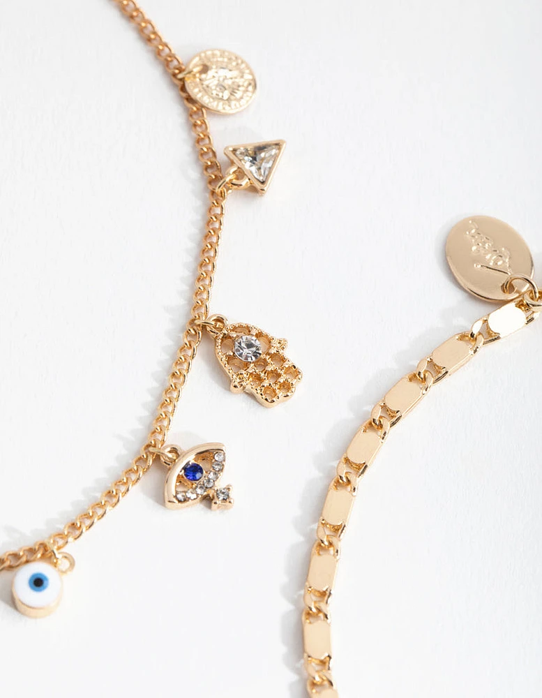 Gold Evil Eye Charm Anklet Pack