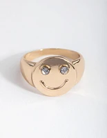 Gold Crystal Smiley Ring