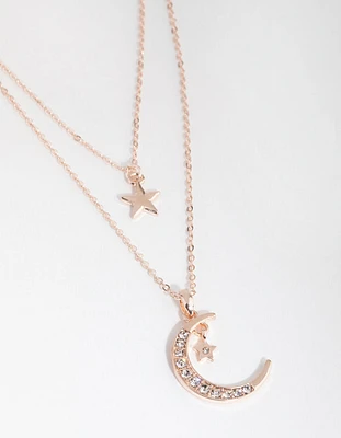 Rose Gold Diamante Moon & Star Necklace