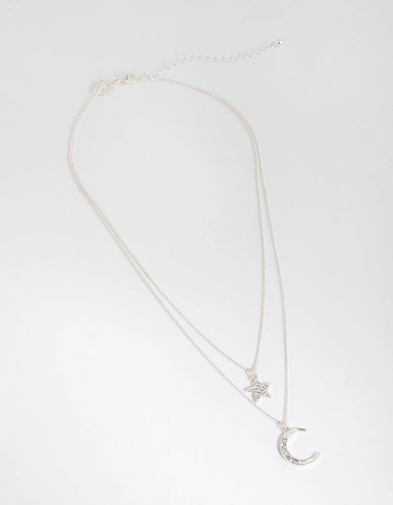 Silver Diamante Moon & Star Necklace