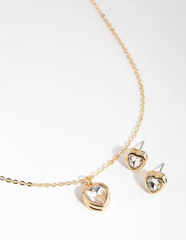 Gold Small Heart Necklace & Earrings Set