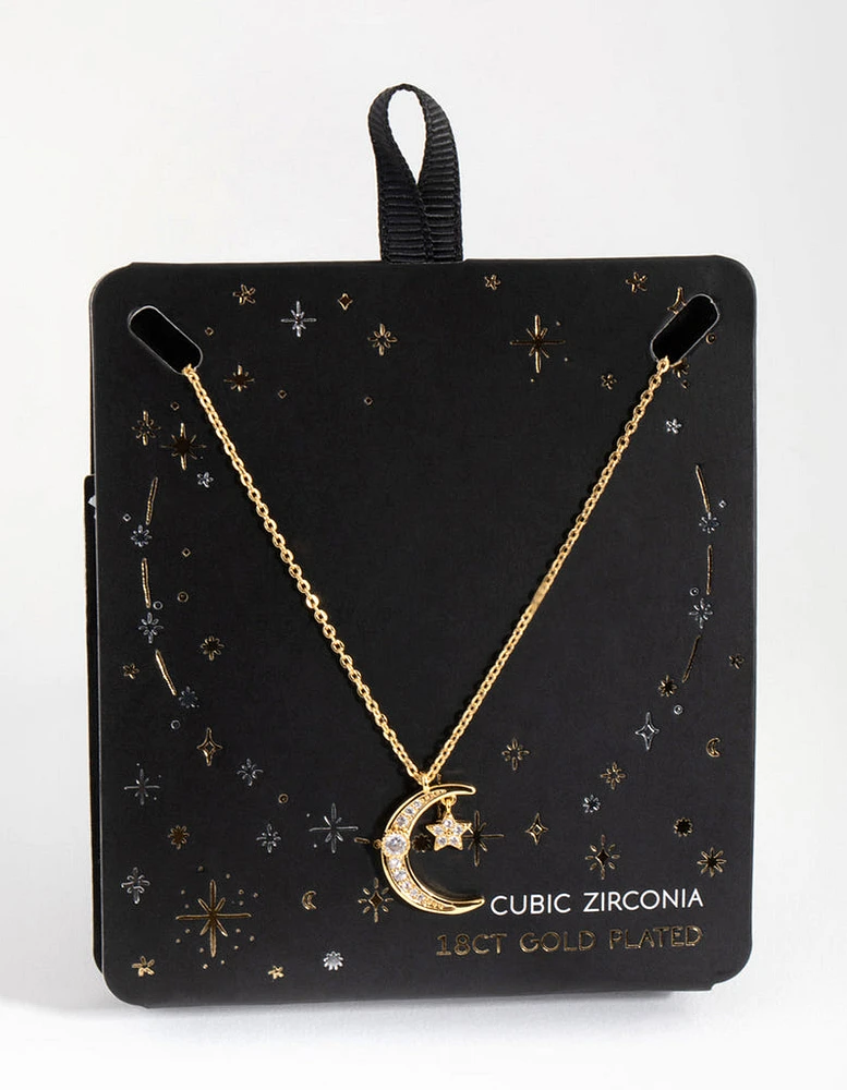 18ct Gold Plated Cubic Zirconia Moon & Star Necklace