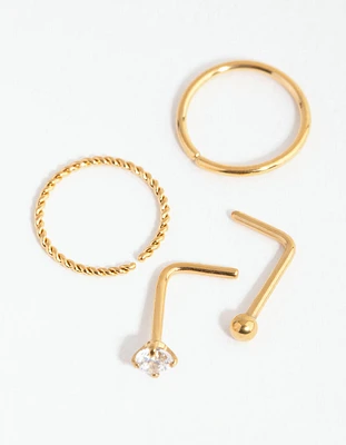 Gold Surgical Steel Diamante Twist Nose Ring 4-Pack