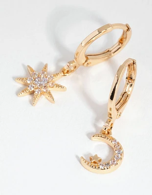 Gold Diamante Mismatched Celestial Huggie Earrings