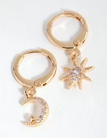 Gold Diamante Mismatched Celestial Huggie Earrings