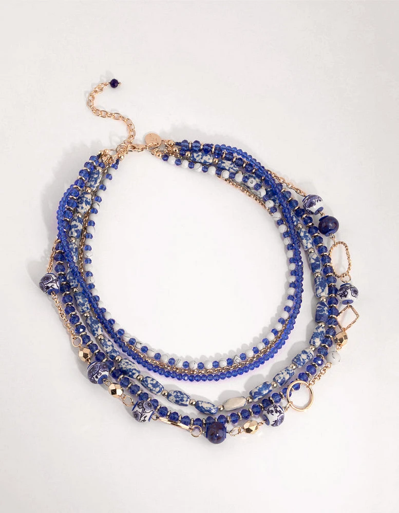 Gold Multi Beaded Row Porcelain Necklace