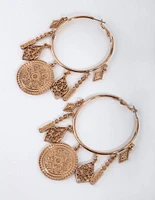 Antique Gold Large Metal Charms Hoop Earrings