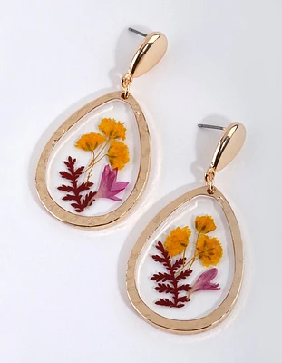 Gold Teardrop Trapped Flower Earrings