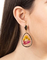 Gold Teardrop Trapped Flower Earrings