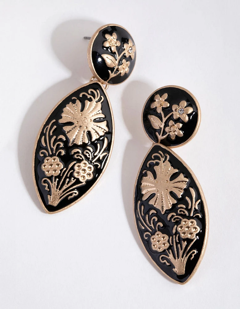 Gold Floral Enamel Drop Earrings