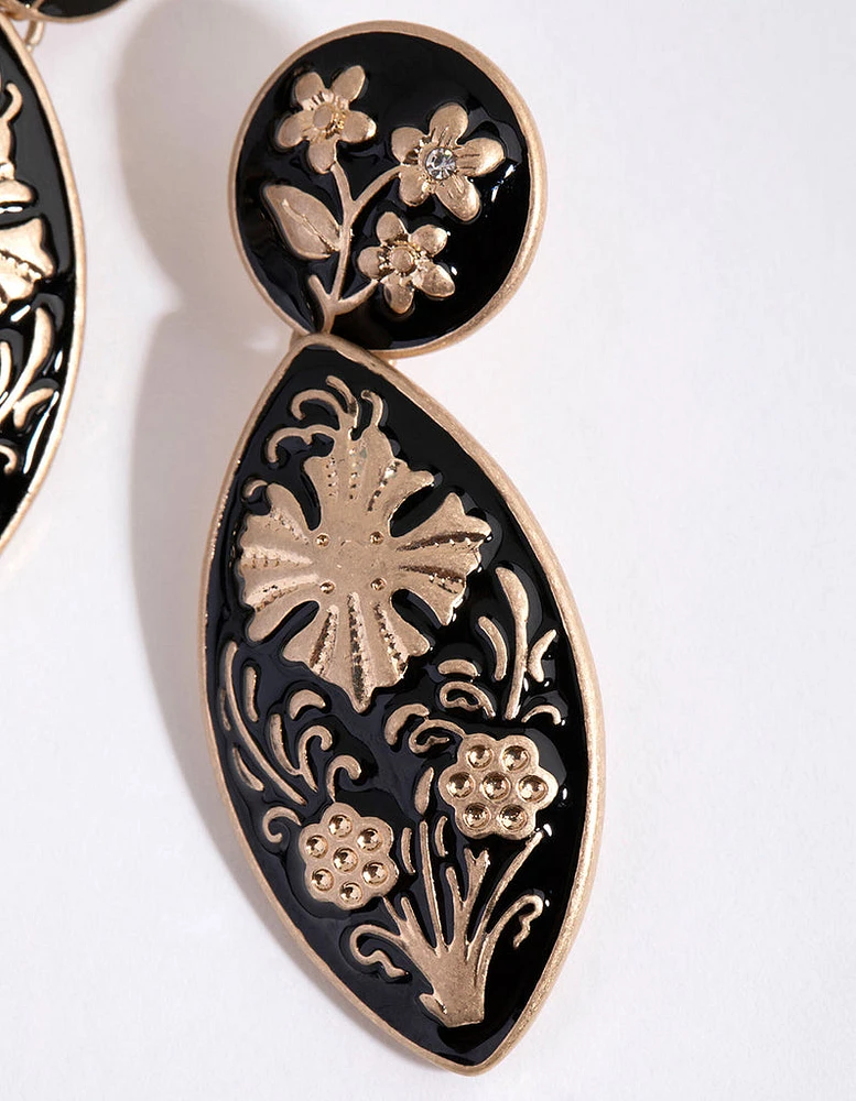 Gold Floral Enamel Drop Earrings