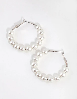 Rhodium Classic Pearl Hoop Earrings