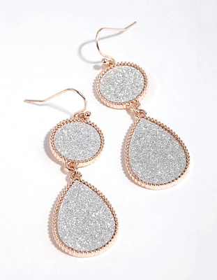 Rose Gold Round Double Glitter Drop Earrings