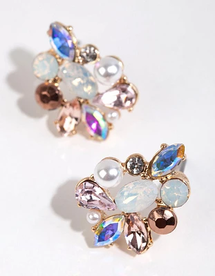 Gold Mixed Stone Cluster Stud Earrings