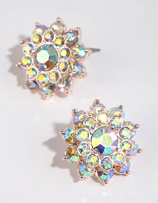Gold Diamante Flower Stud Earrings