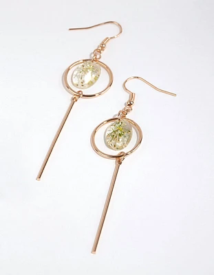 Gold Disc & Stick Trapped Flower Earrings