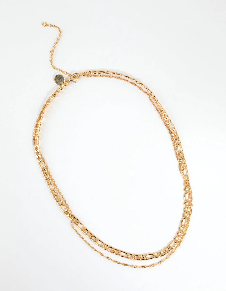 Gold Plated Figaro Layered Necklace