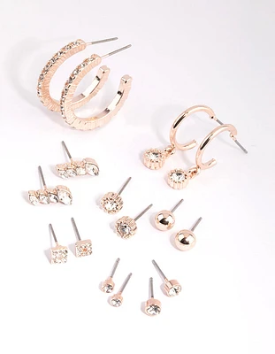 Rose Gold Plain Diamante Stud Earring Pack