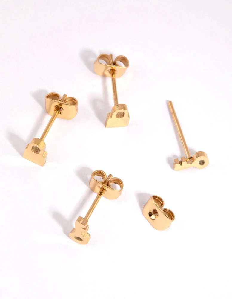 Gold Plated Surgical Steel Lock & Key Stud Earring Set