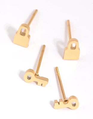 Gold Plated Surgical Steel Lock & Key Stud Earring Set