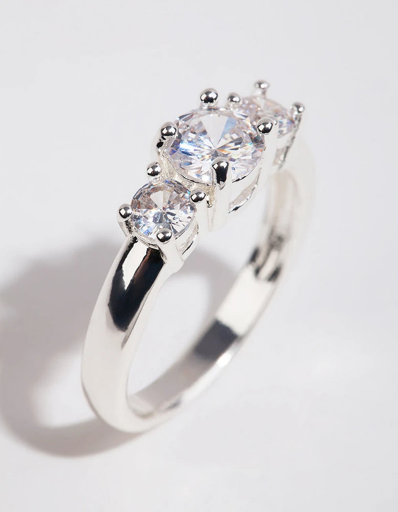 Silver Plated Cubic Zirconia Triple Stone Ring