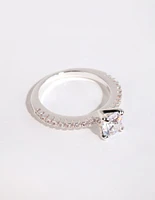 Silver Plated Round Cubic Zirconia Textured Band Ring