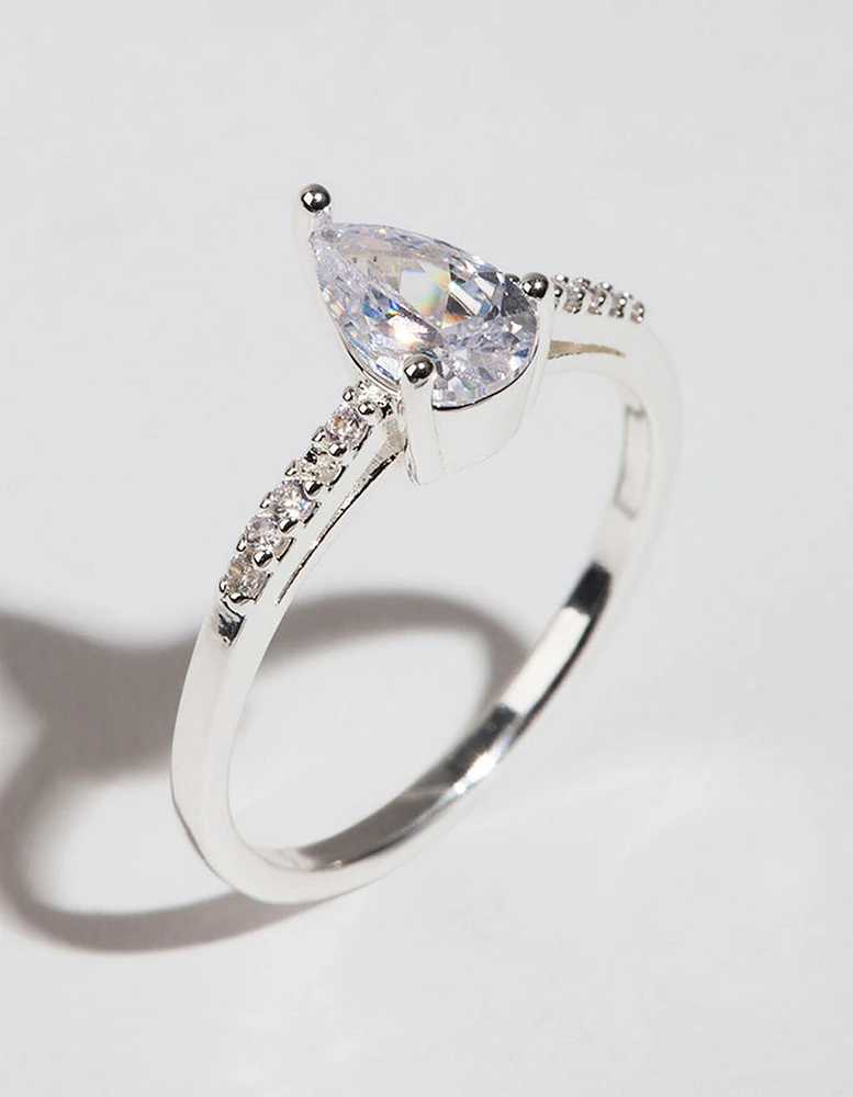 Silver Plated Pear Cubic Zirconia Ring