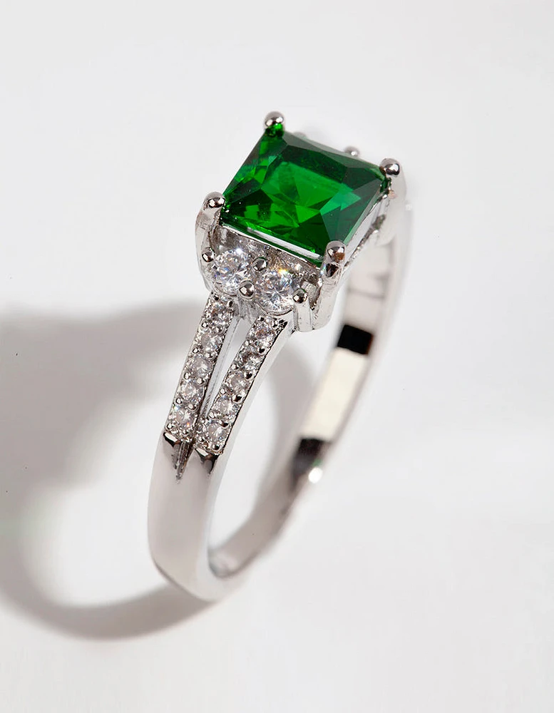 Rhodium Square Emerald Cubic Zirconia Ring