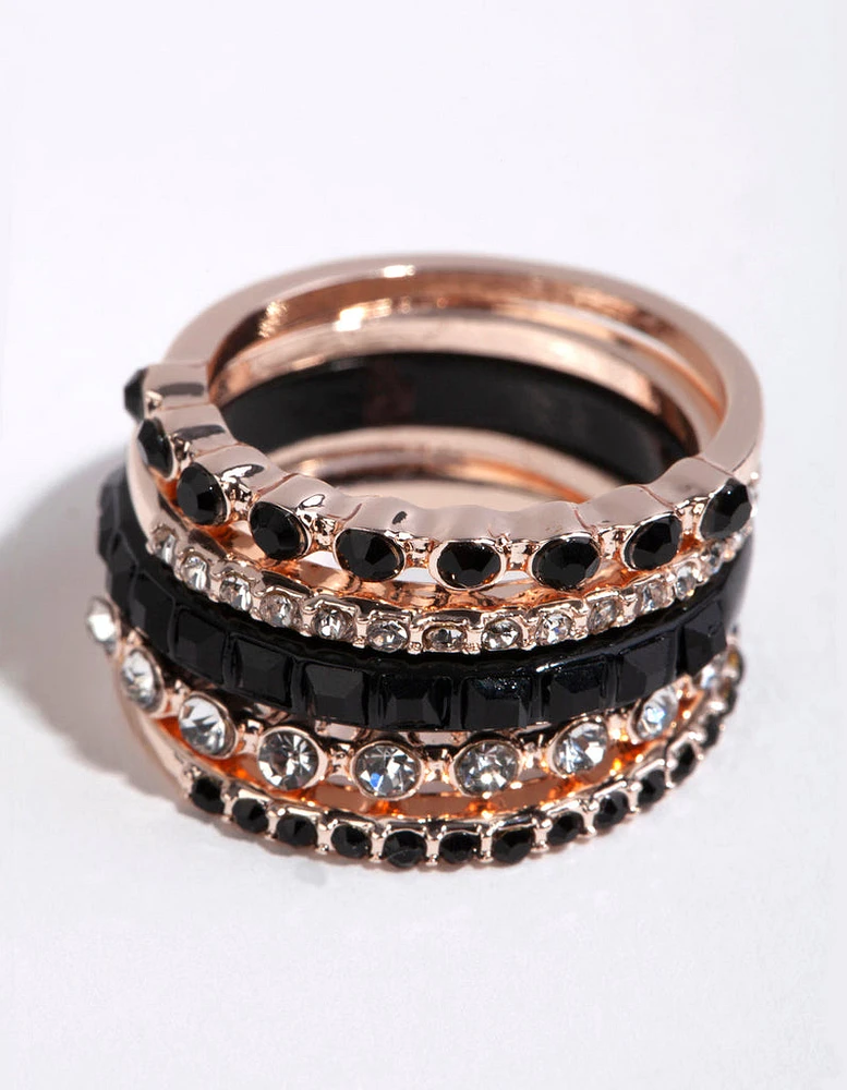 Rose Gold Black Stone Ring 4-Pack