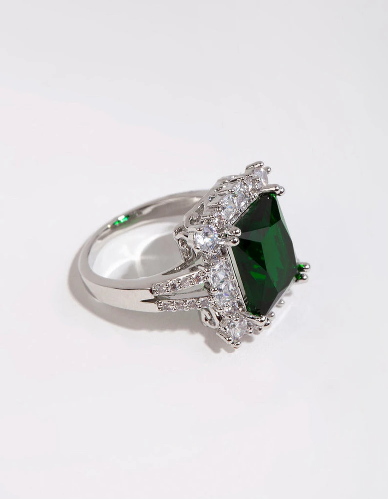 Rhodium Asscher Emerald Cubic Zirconia Ring