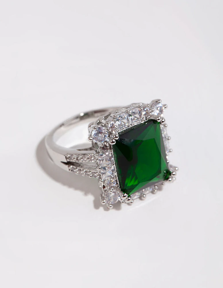 Rhodium Asscher Emerald Cubic Zirconia Ring