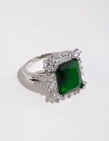 Rhodium Asscher Emerald Cubic Zirconia Ring