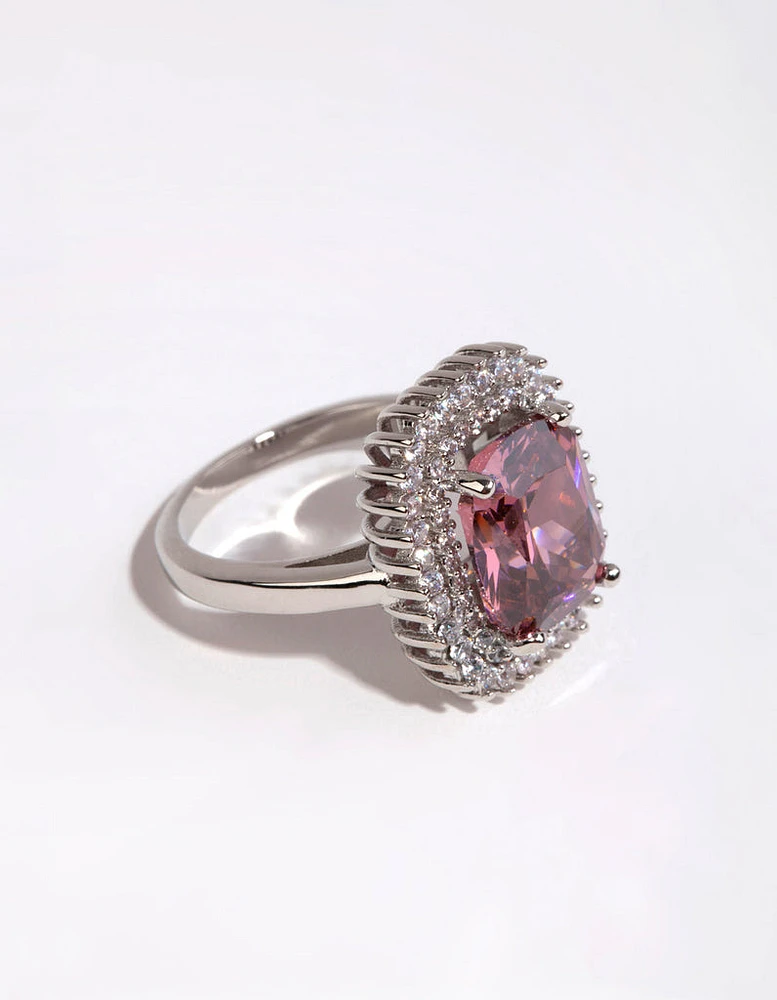 Rhodium Cushion Pink Cubic Zirconia Ring