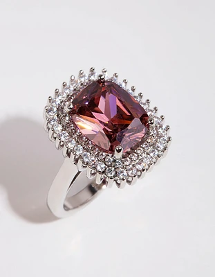 Rhodium Cushion Pink Cubic Zirconia Ring