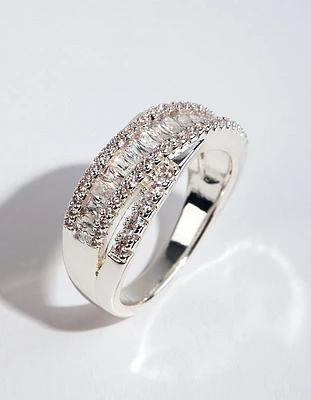 Silver Plated Cubic Zirconia Crossover Baguette Ring