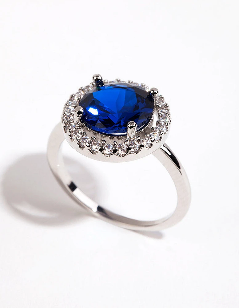 Rhodium Sapphire Cubic Zirconia Halo Ring