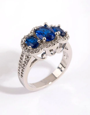 Rhodium Sapphire Cubic Zirconia Triple Stone Ring