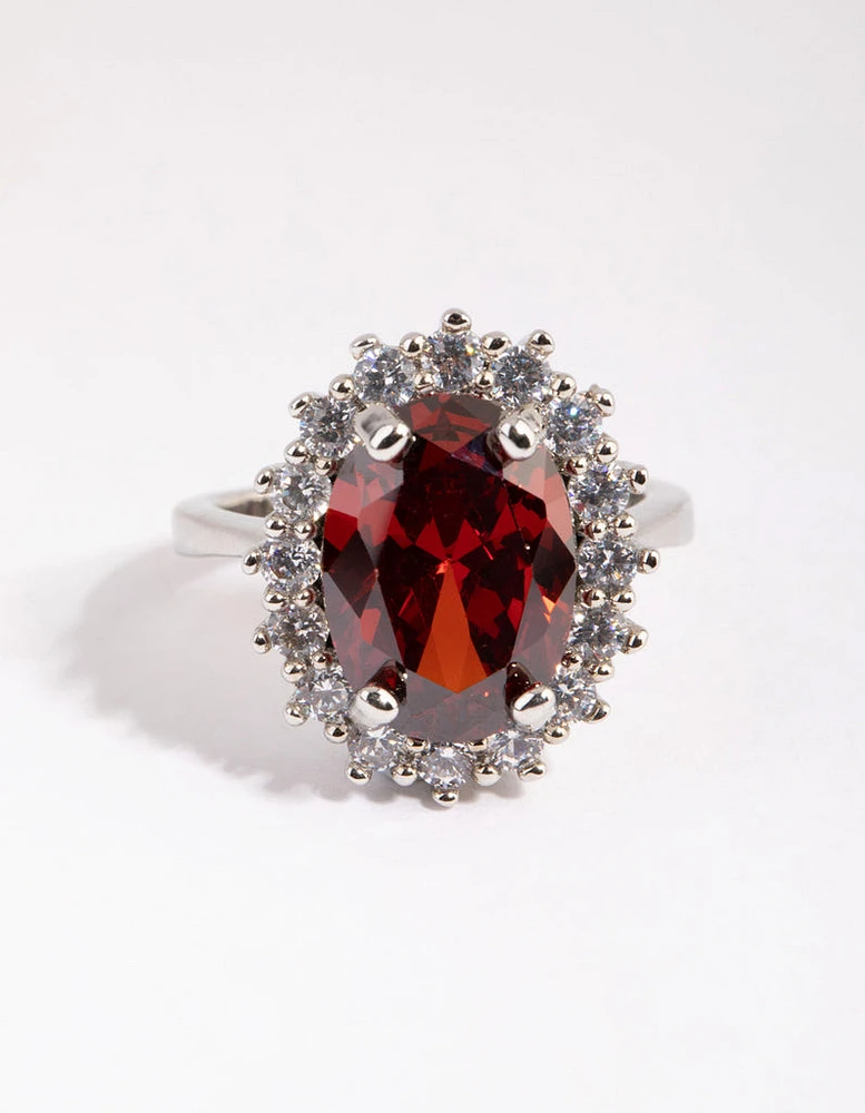 Rhodium Ruby Cubic Zirconia Oval Ring