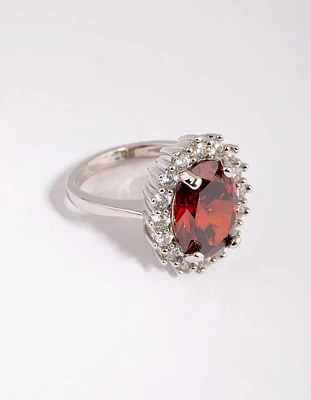 Rhodium Ruby Cubic Zirconia Oval Ring