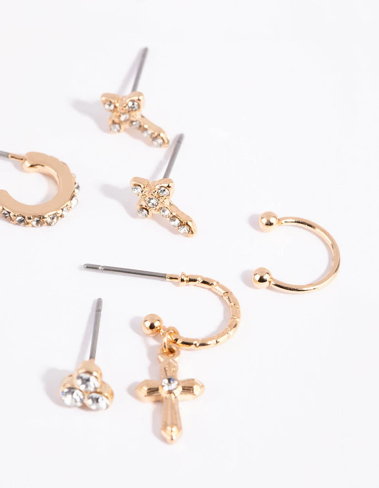 Gold Cross & Diamante Ear Cuff Stack 6-Pack