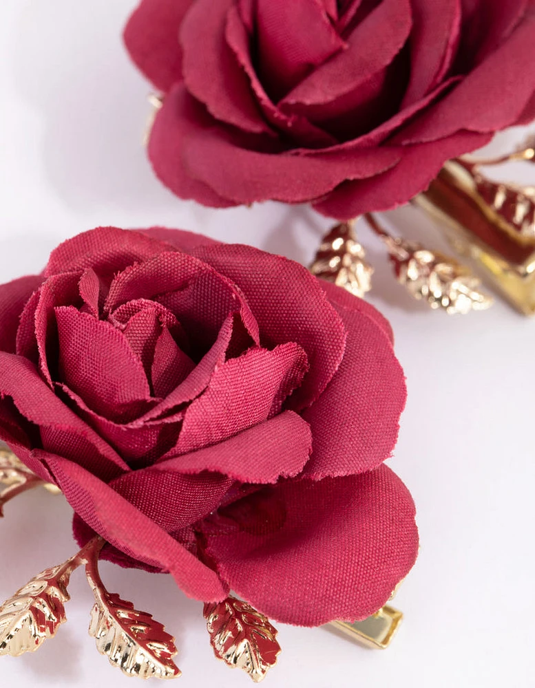 Red Fabric Rose Hair Clips