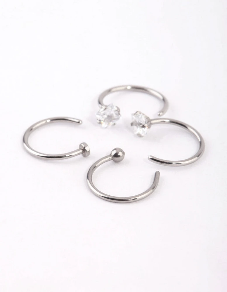 Surgical Steel Rhodium Martini Set Dia Nose Ring 4-Pack