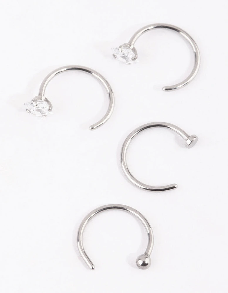 Surgical Steel Rhodium Martini Set Dia Nose Ring 4-Pack